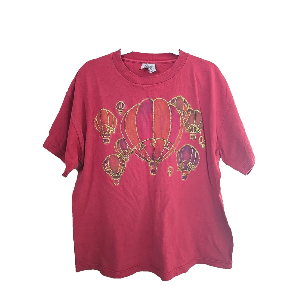 VTG Puff Paint Granny Pink Hot Air Balloon Glitter Short Sleeve Top Womans Sz XL